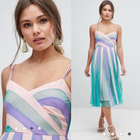 NWT ASOS Mesh Color Block Pastel Multicolor Fit & Flare Midi Dress 2 - Picture 1 of 10